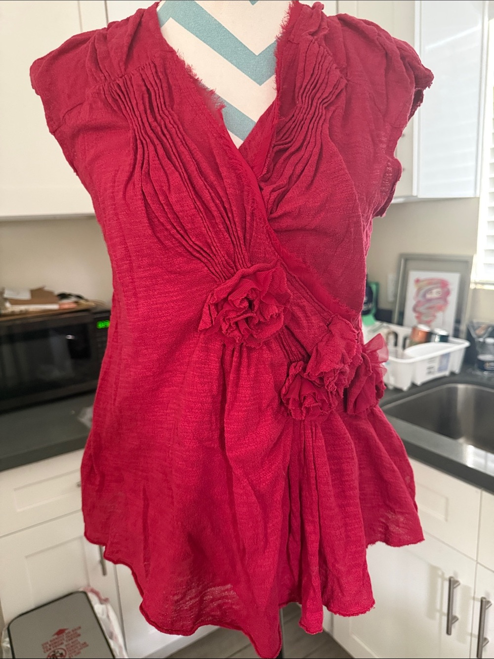 Anthropologie Deletta Women’s Red Ruffled Cap-Sleeve Wrap Top size L